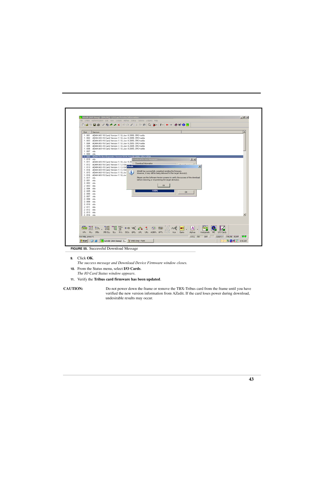 RTS ADAM manual Successful Download Message Click OK, Verify the Tribus card firmware has been updated 