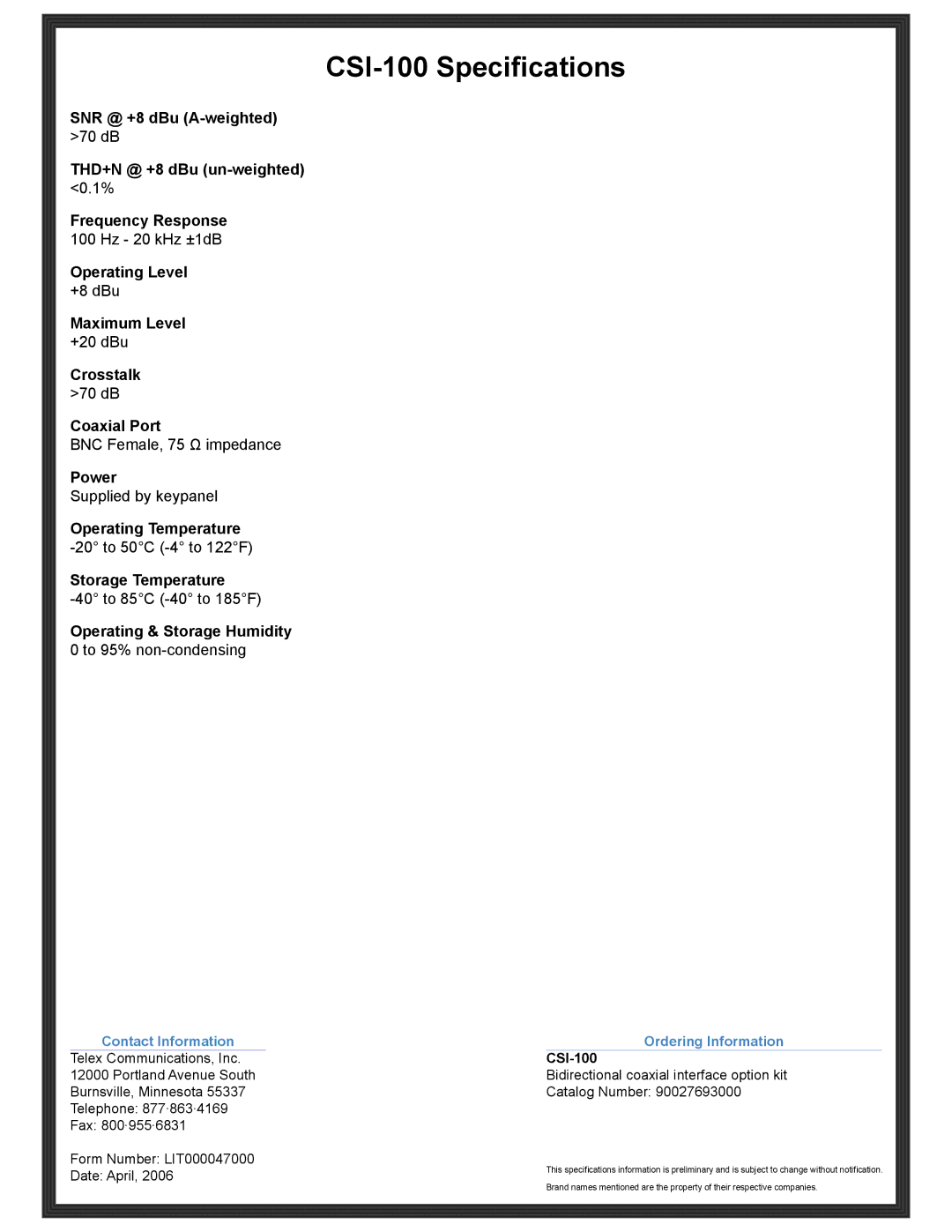 RTS manual CSI-100 Specifications 