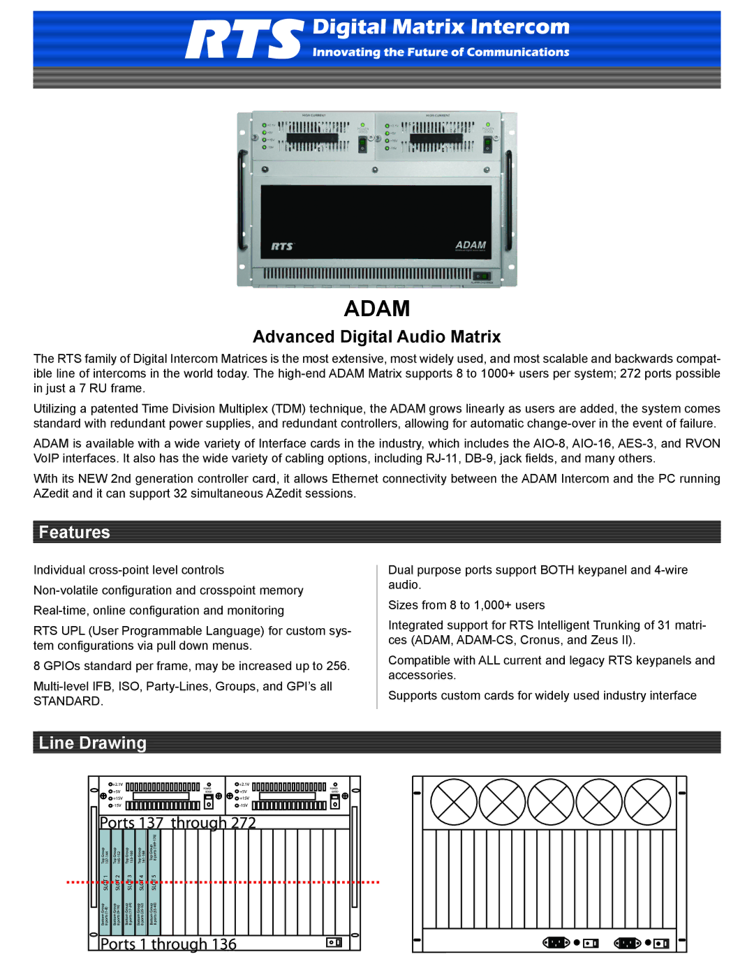 RTS manual Adam, Advanced Digital Audio Matrix, Features, Line Drawing, Standard 