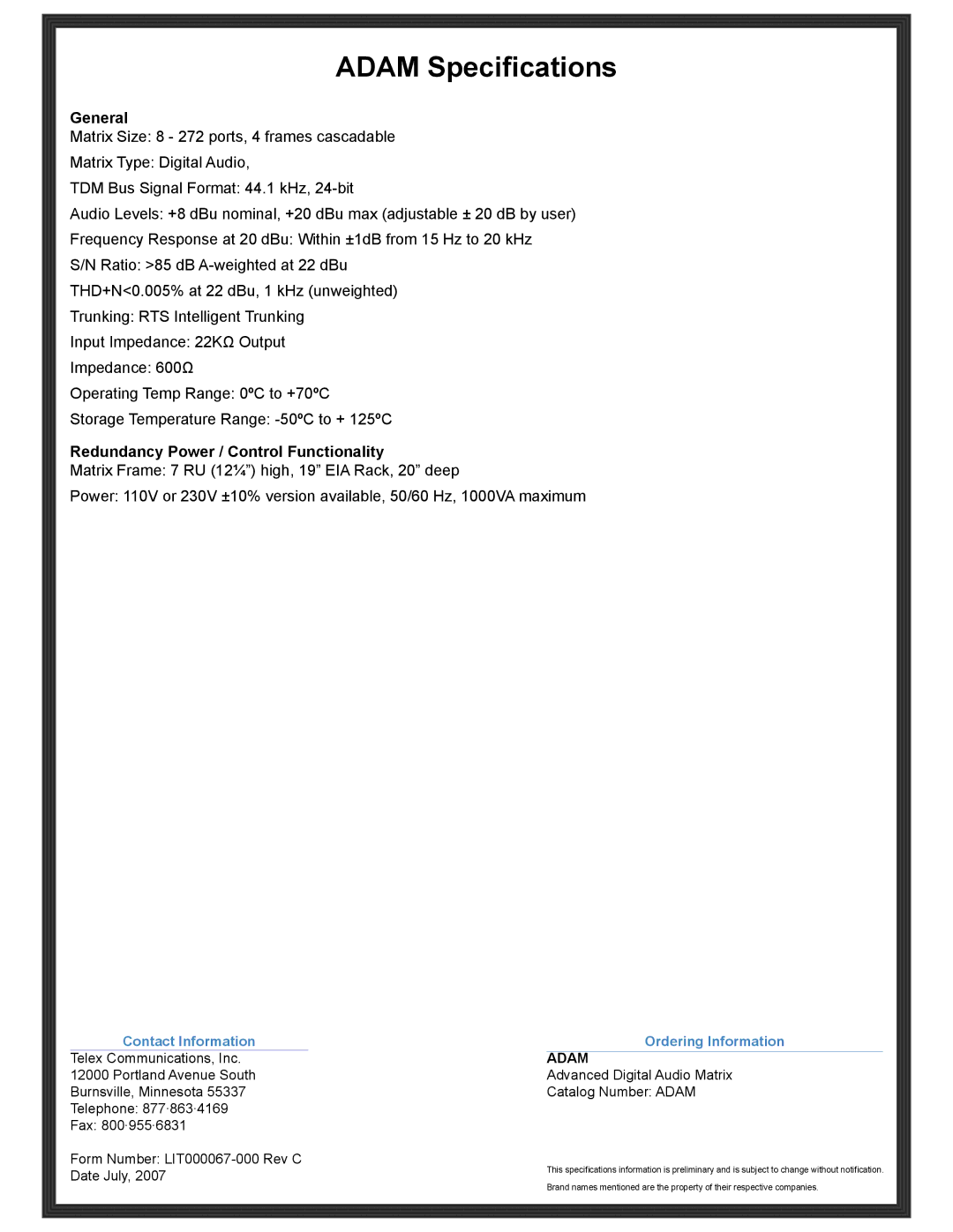 RTS Digital Audio Matrix manual Adam Specifications, General, Redundancy Power / Control Functionality 