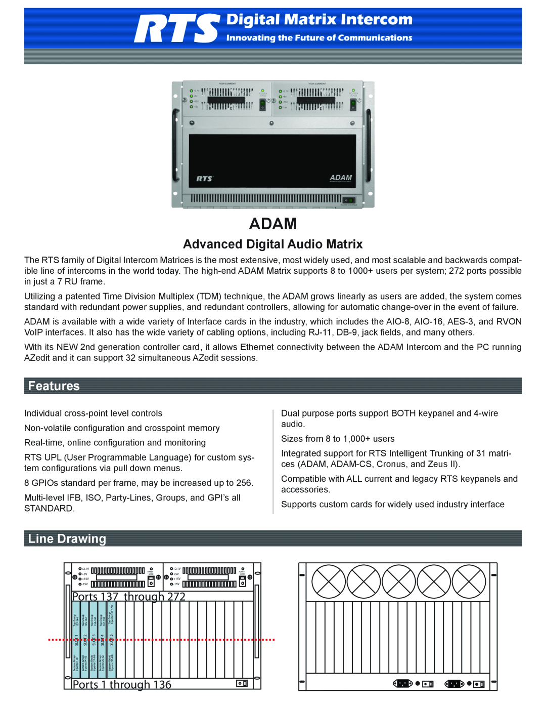 RTS manual Adam, Advanced Digital Audio Matrix, Features, Line Drawing 