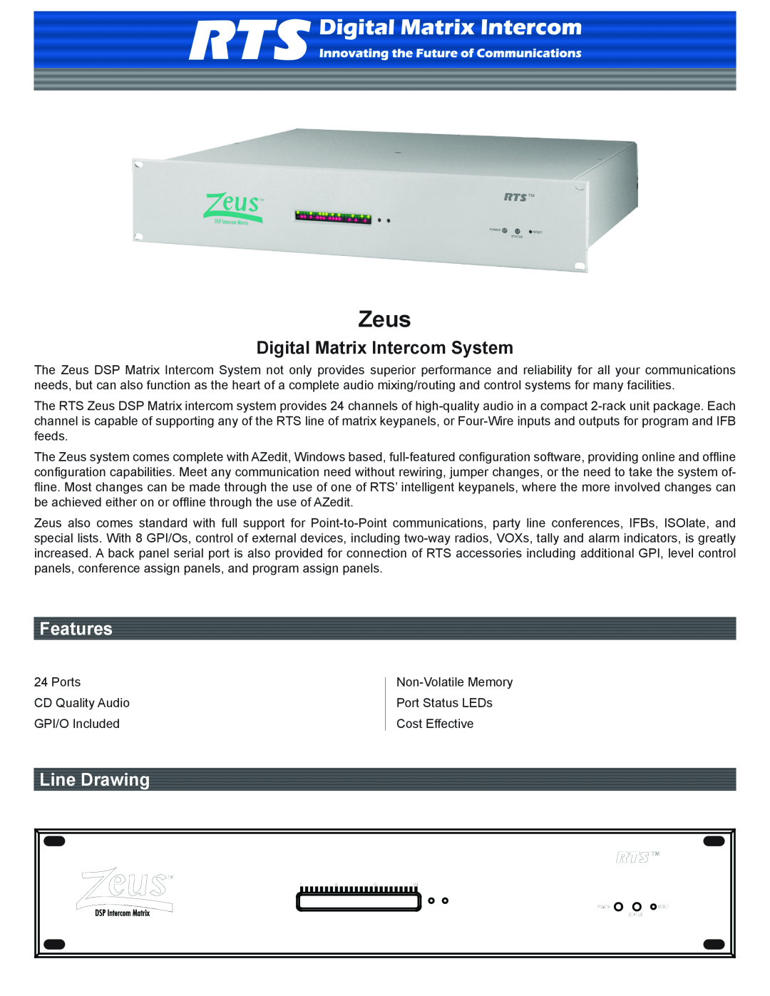 RTS Digital Matrix Intercom System manual Zeus, Features, Line Drawing 
