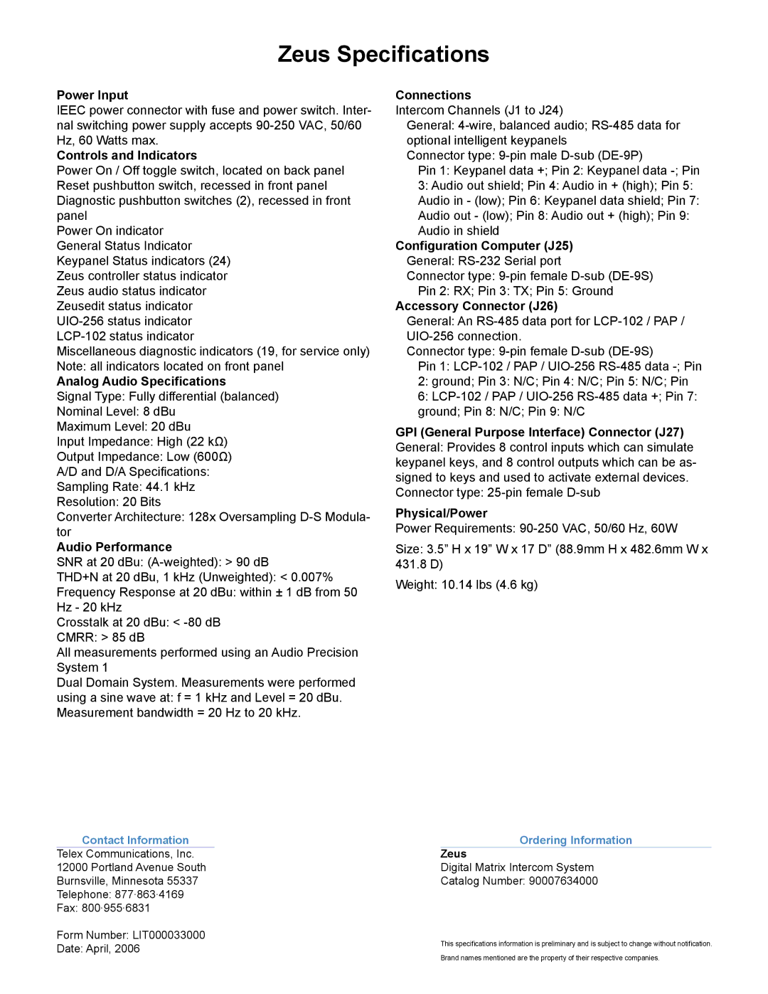 RTS Digital Matrix Intercom System manual Zeus Specifications 