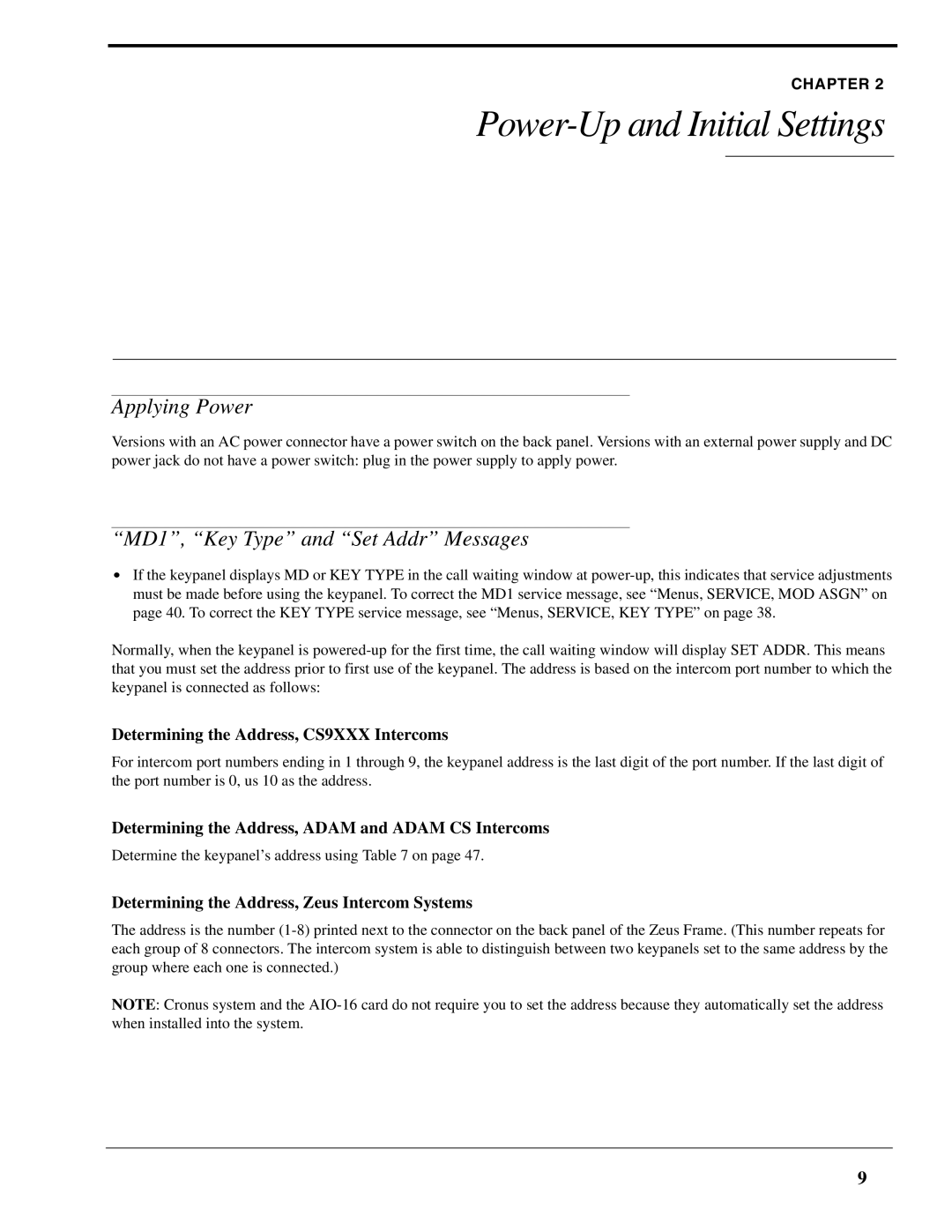 RTS DKP-8 manual Power-Up and Initial Settings, Applying Power, MD1, Key Type and Set Addr Messages 