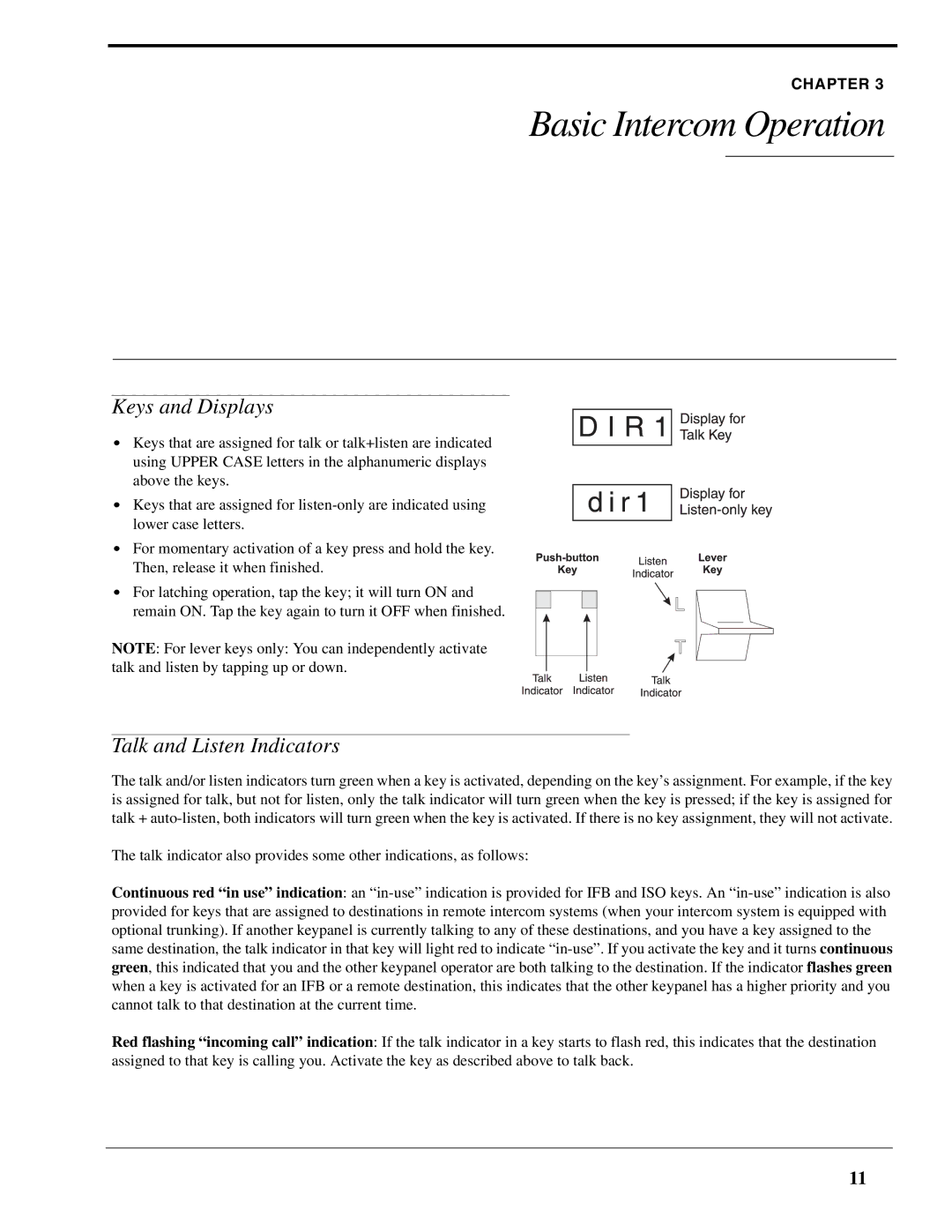 RTS DKP-8 manual Basic Intercom Operation, Keys and Displays, Talk and Listen Indicators 