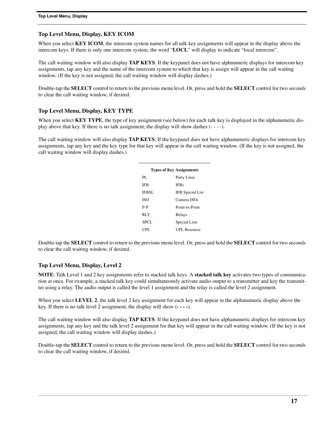 RTS DKP-8 manual Top Level Menu, Display, KEY Icom, Top Level Menu, Display, KEY Type, Top Level Menu, Display, Level 