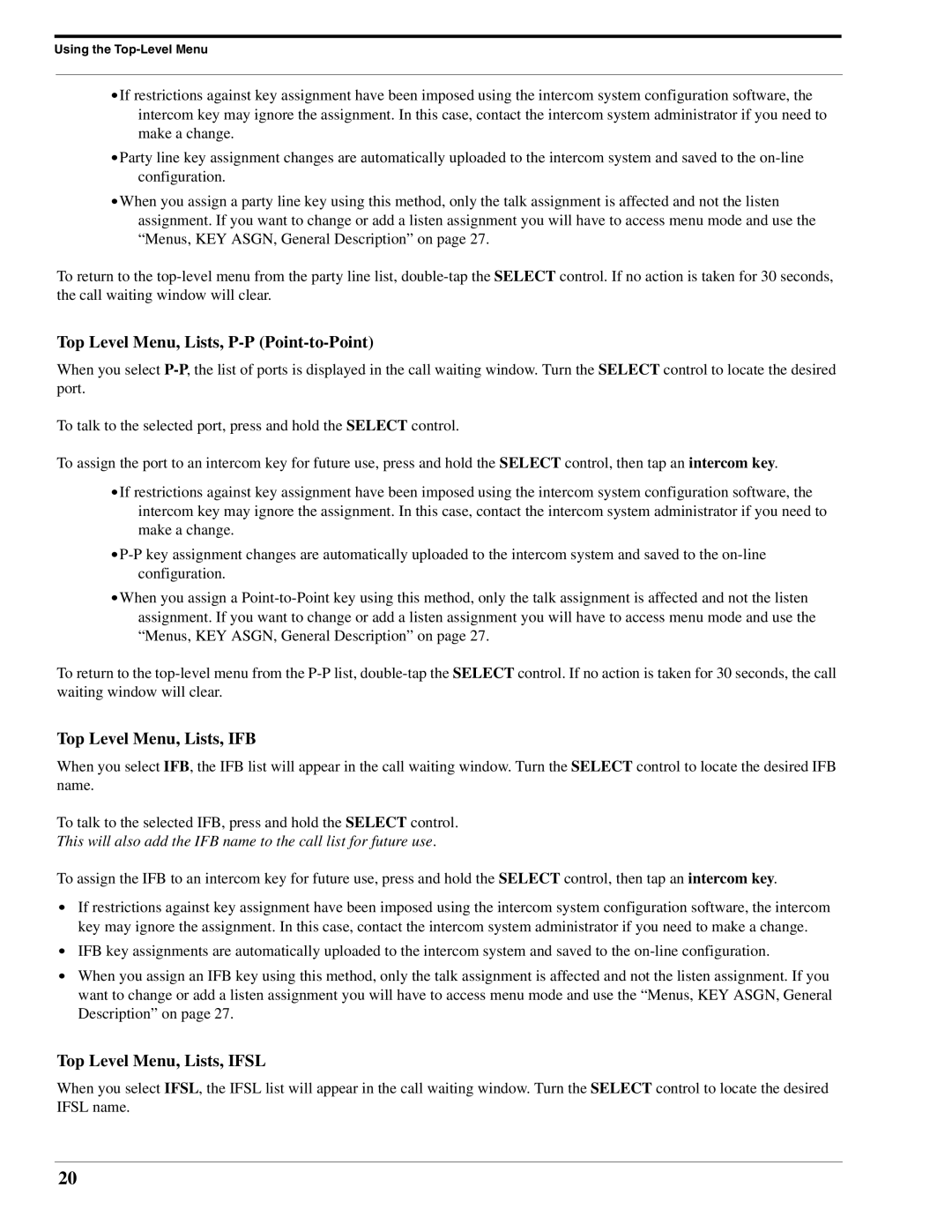 RTS DKP-8 manual Top Level Menu, Lists, P-P Point-to-Point, Top Level Menu, Lists, IFB, Top Level Menu, Lists, Ifsl 