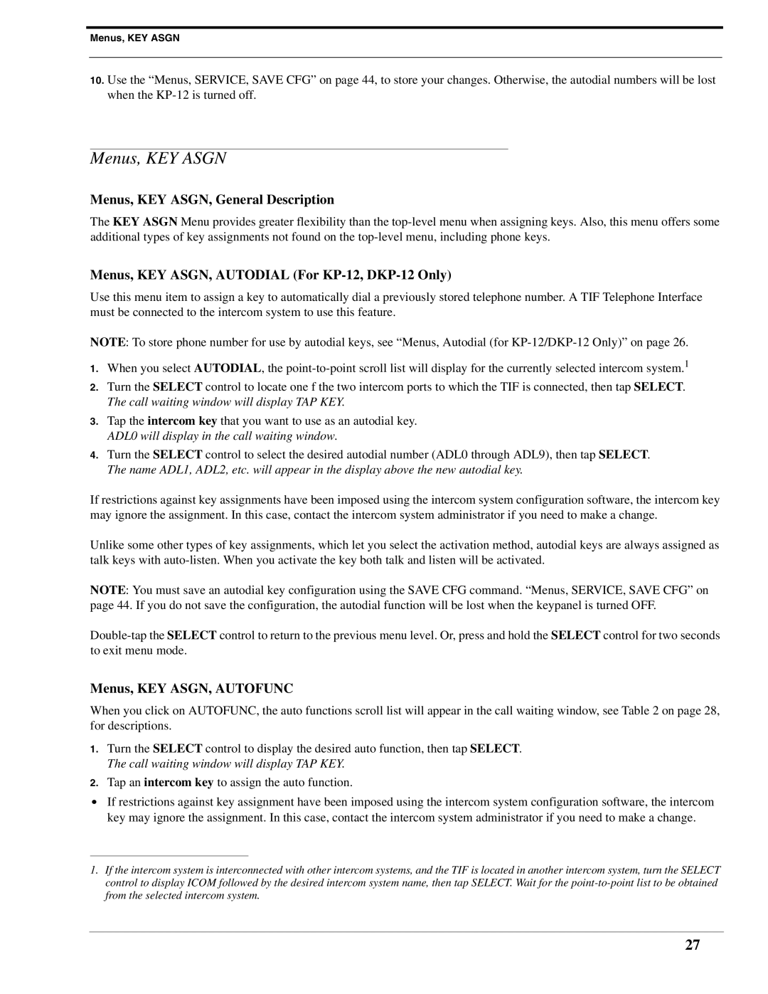 RTS DKP-8 manual Menus, KEY Asgn, Menus, KEY ASGN, General Description, Menus, KEY ASGN, Autodial For KP-12, DKP-12 Only 