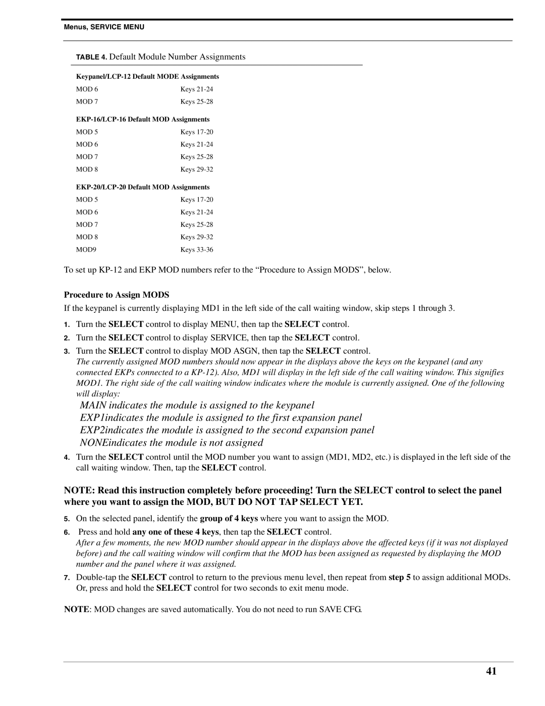 RTS DKP-8 manual Procedure to Assign Mods 