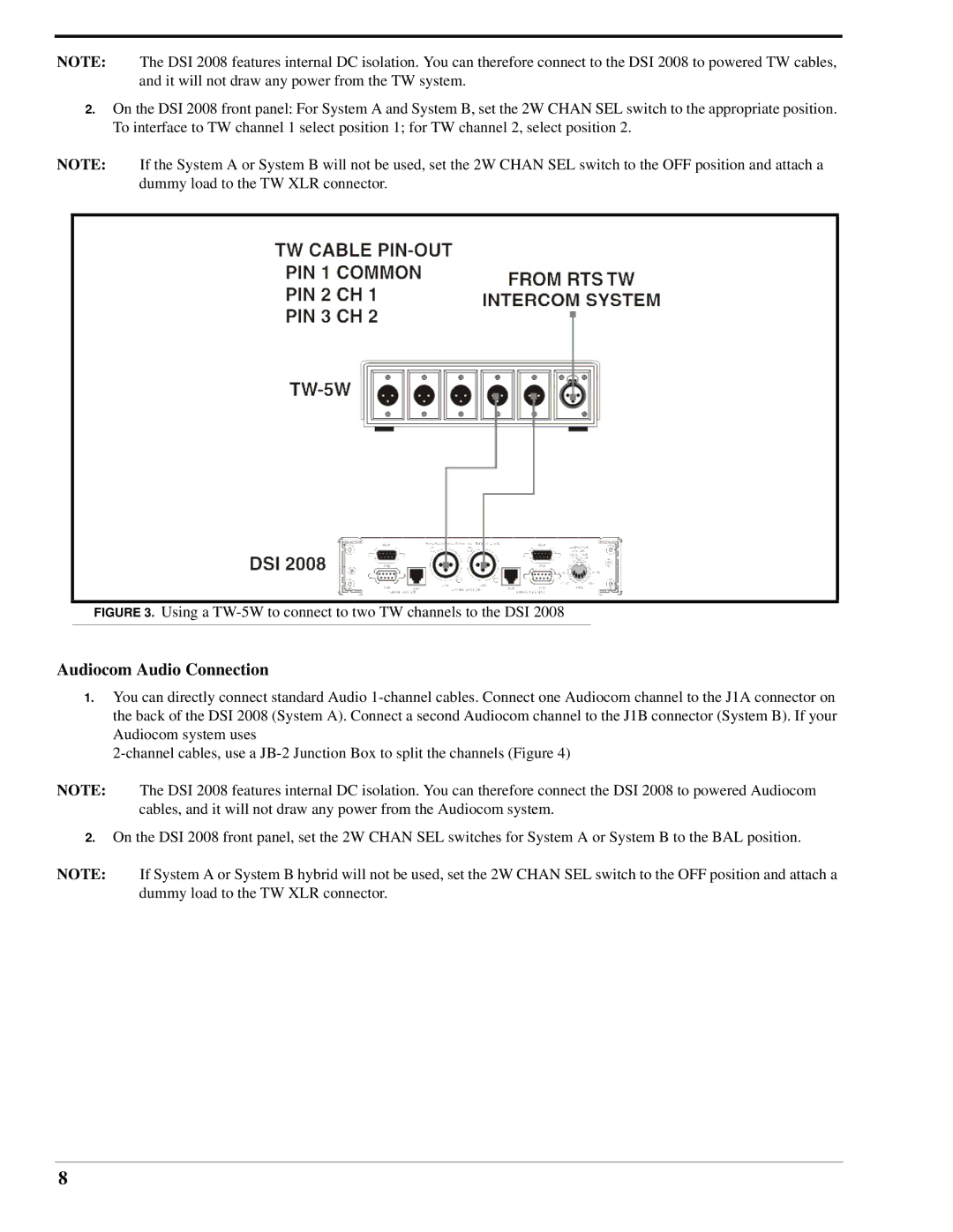 RTS DSI 2008 manual Audiocom Audio Connection, Using a TW-5W to connect to two TW channels to the DSI 