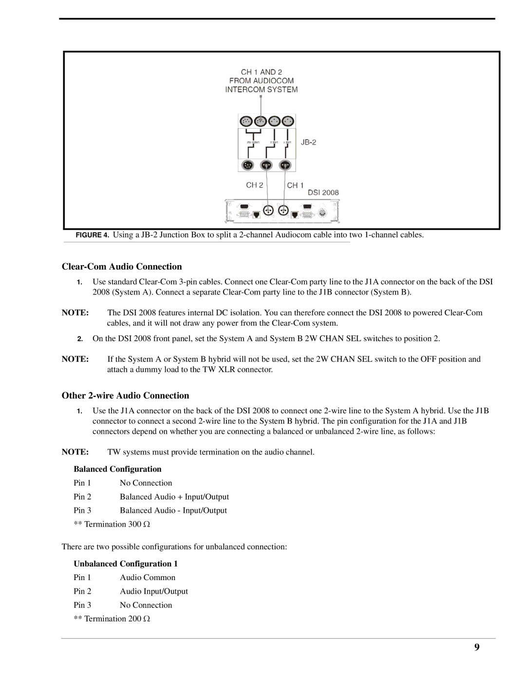 RTS DSI 2008 Clear-Com Audio Connection, Other 2-wire Audio Connection, Balanced Configuration, Unbalanced Configuration 