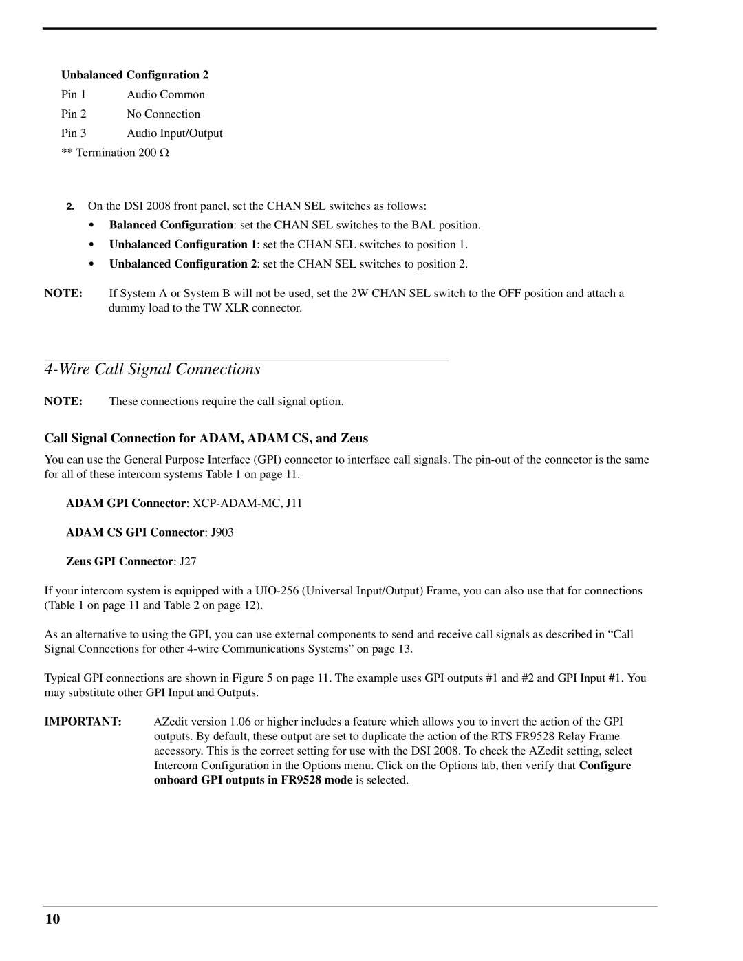 RTS DSI 2008 manual Wire Call Signal Connections, Call Signal Connection for ADAM, Adam CS, and Zeus 