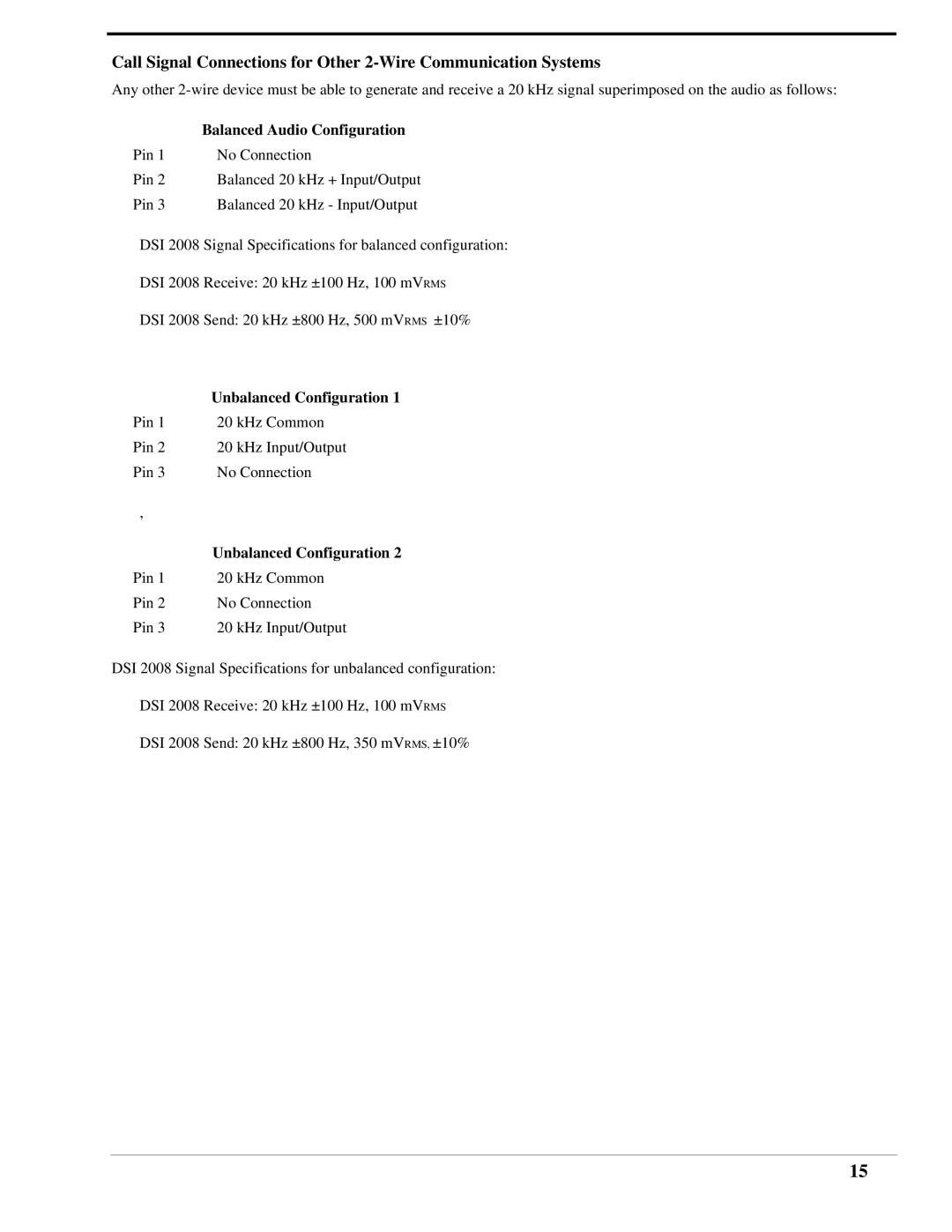 RTS DSI 2008 manual Balanced Audio Configuration, Unbalanced Configuration 