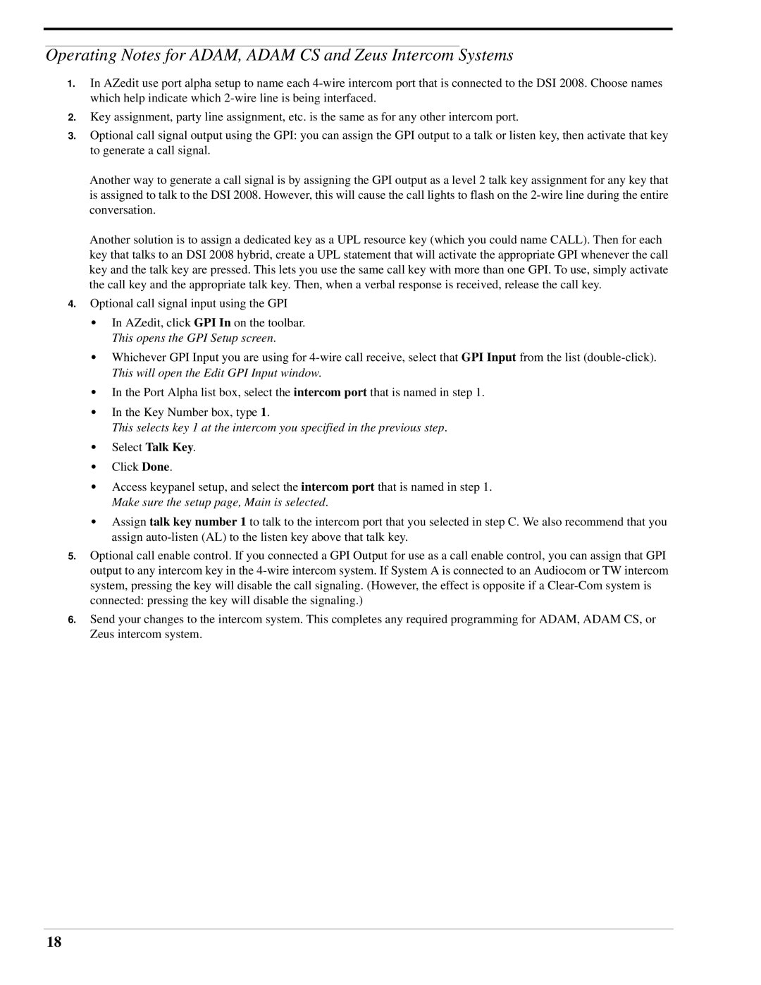 RTS DSI 2008 manual Operating Notes for ADAM, Adam CS and Zeus Intercom Systems 