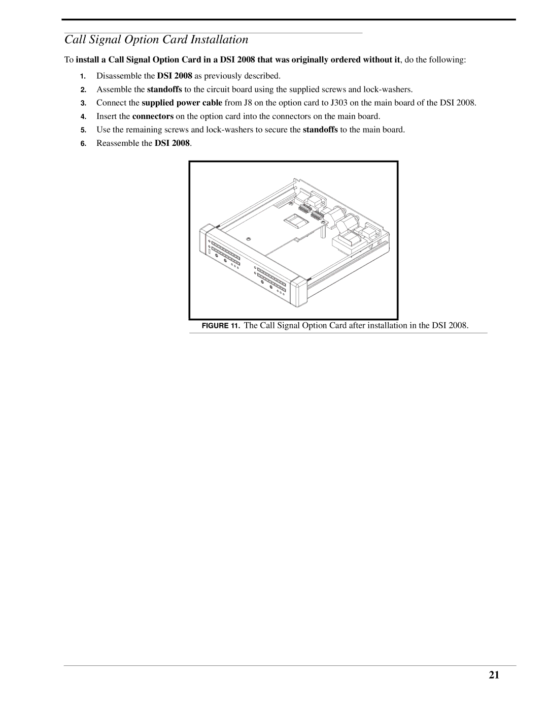 RTS DSI 2008 manual Call Signal Option Card Installation, Call Signal Option Card after installation in the DSI 