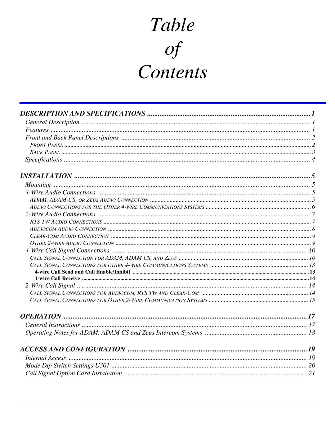 RTS DSI 2008 manual Contents 