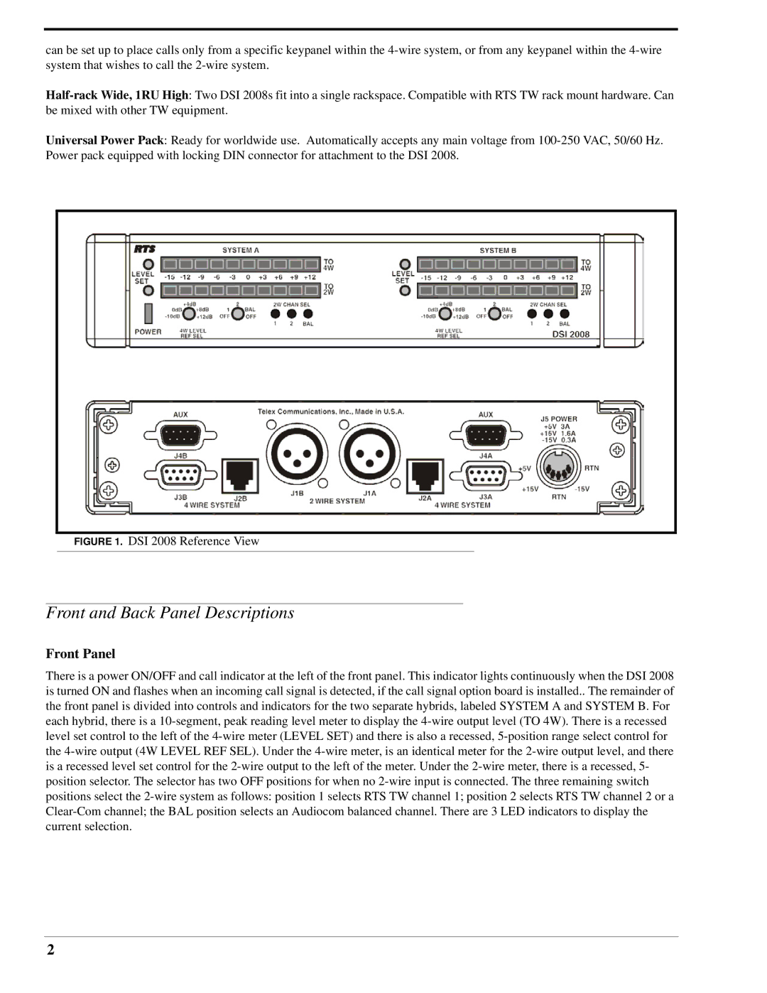 RTS DSI 2008 manual Front and Back Panel Descriptions, Front Panel 