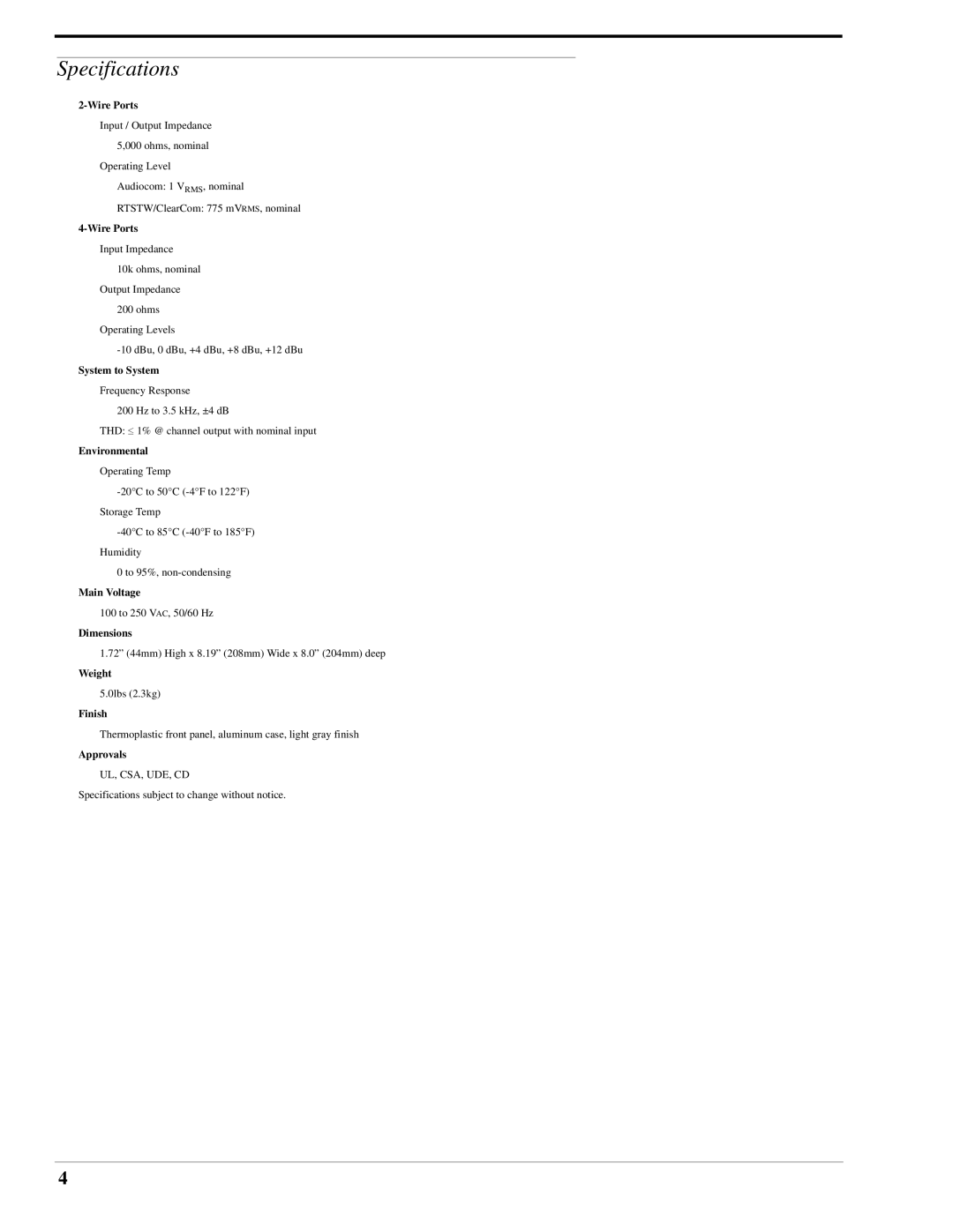 RTS DSI 2008 manual Specifications, Wire Ports 