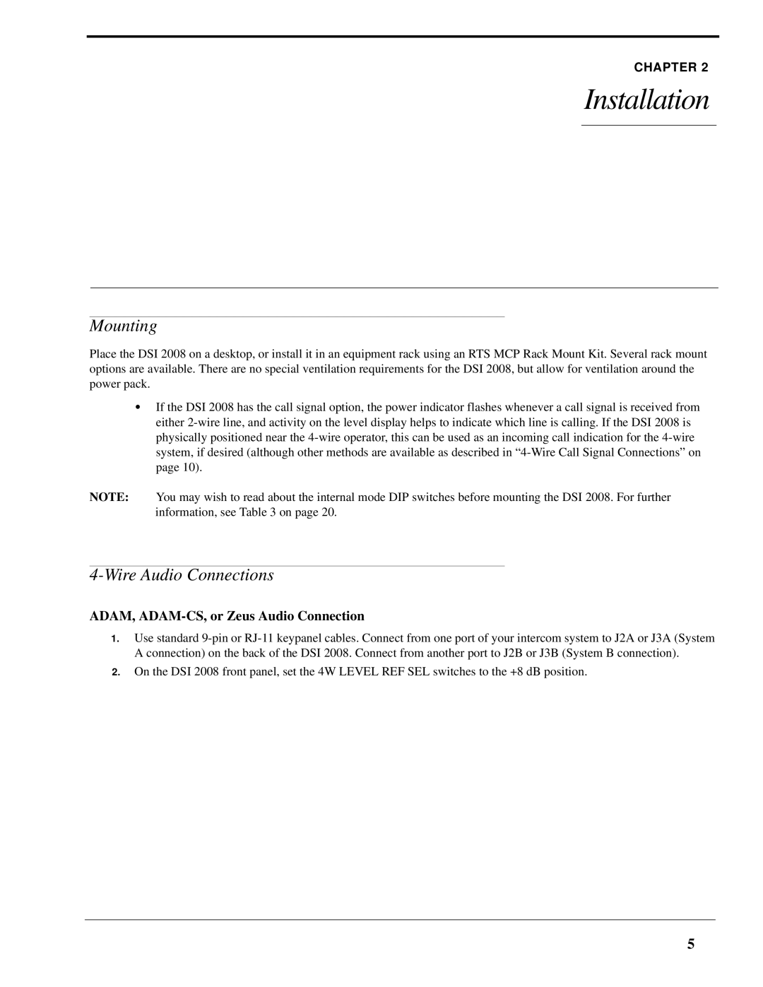RTS DSI 2008 manual Mounting, Wire Audio Connections, ADAM, ADAM-CS, or Zeus Audio Connection 
