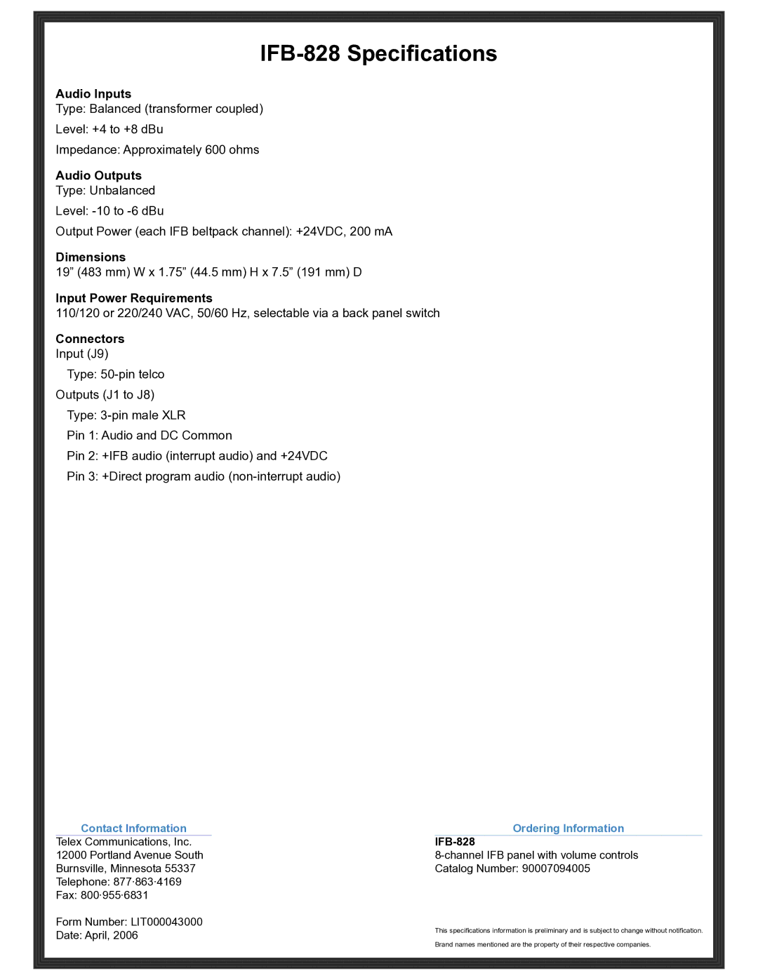 RTS manual IFB-828 Specifications 