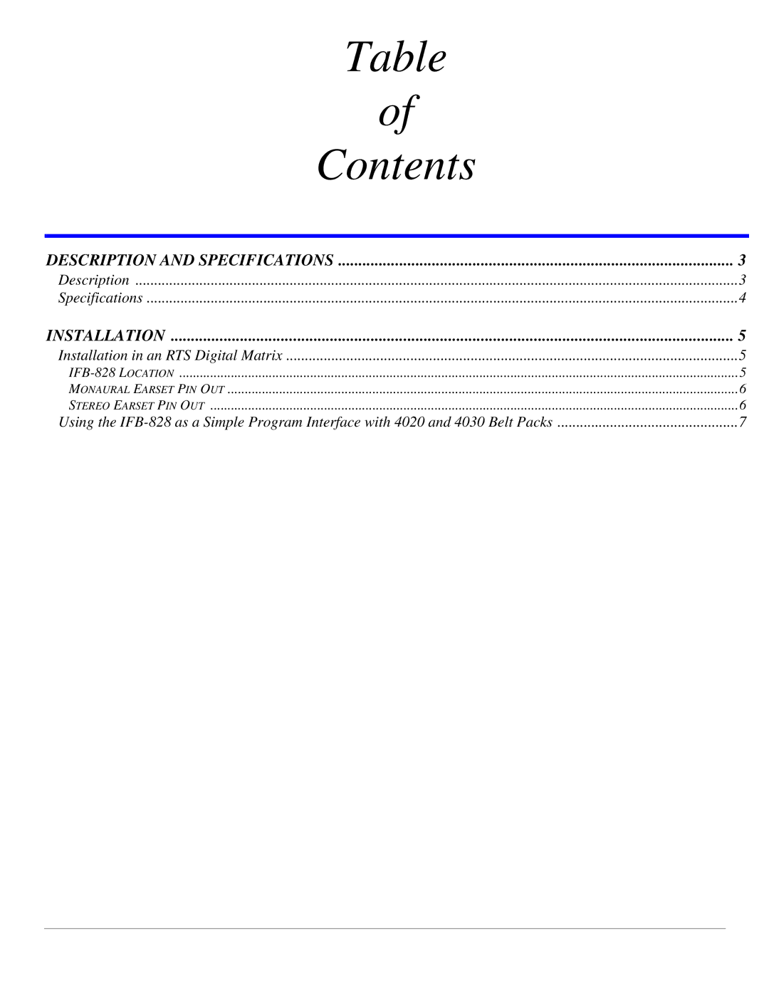 RTS IFB-828 user manual Contents 