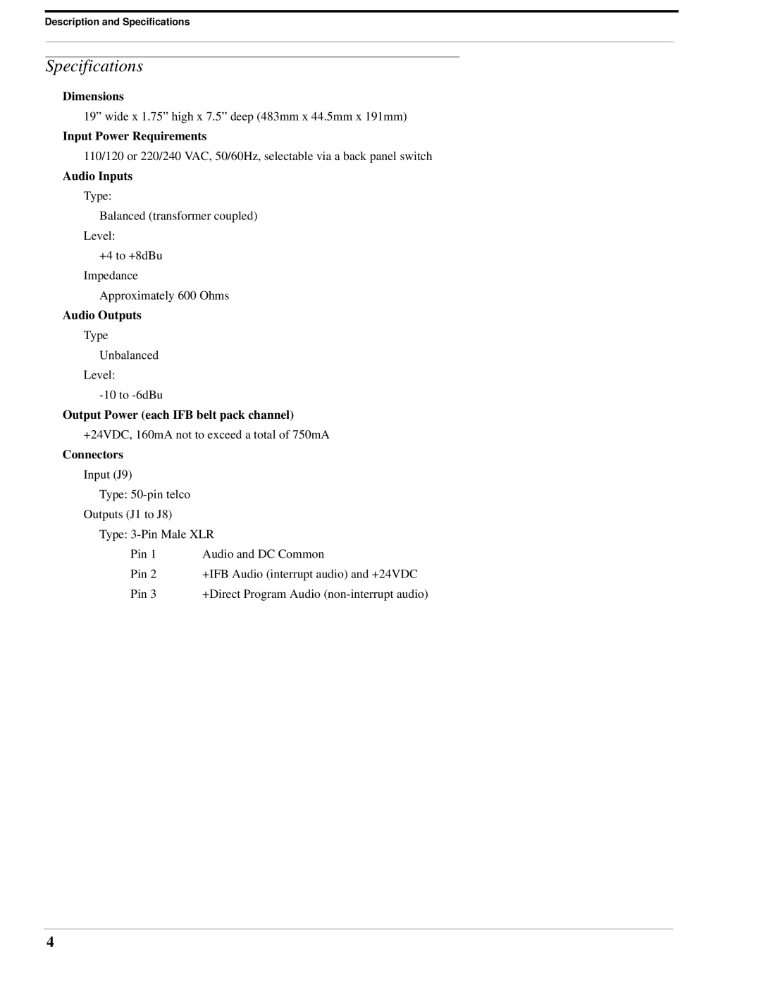 RTS IFB-828 user manual Specifications, Connectors 