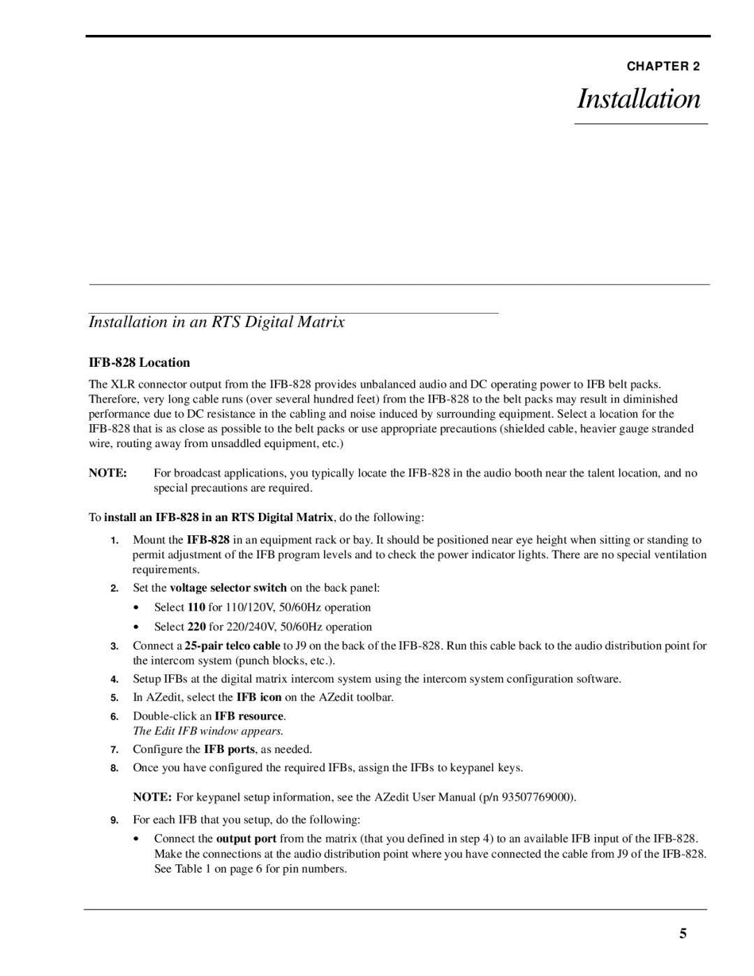 RTS IFB-828 user manual Installation in an RTS Digital Matrix 