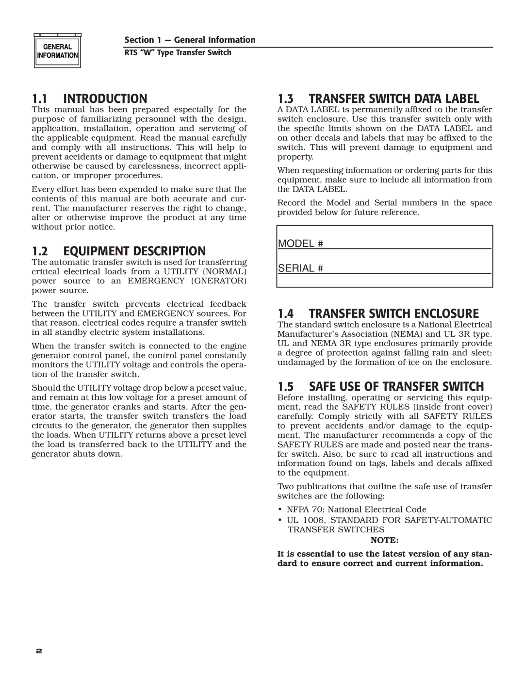 RTS KGATX0101400 Introduction, Equipment Description, Transfer Switch Data Label, Transfer Switch Enclosure 