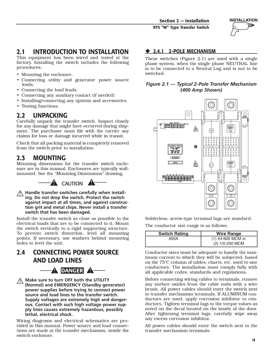 RTS KGATX0101400 technical manual Introduction to Installation, Unpacking, Mounting, Connecting Power Source and Load Lines 