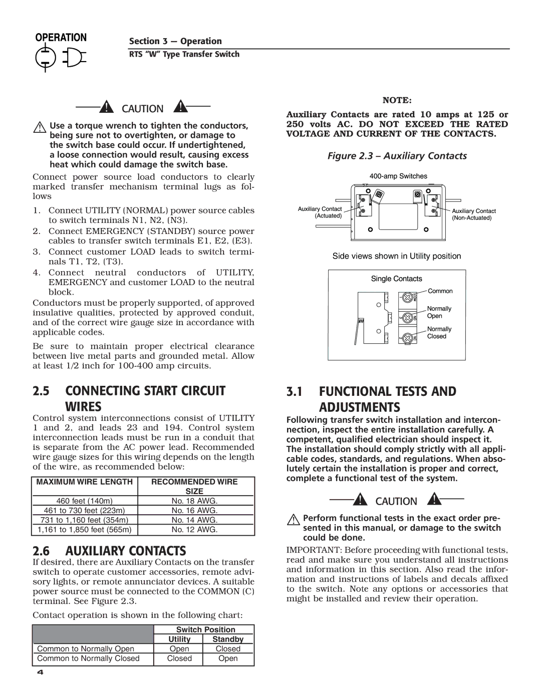 RTS KGATX0101400 technical manual Connecting Start Circuit Wires, Auxiliary Contacts, Functional Tests Adjustments 