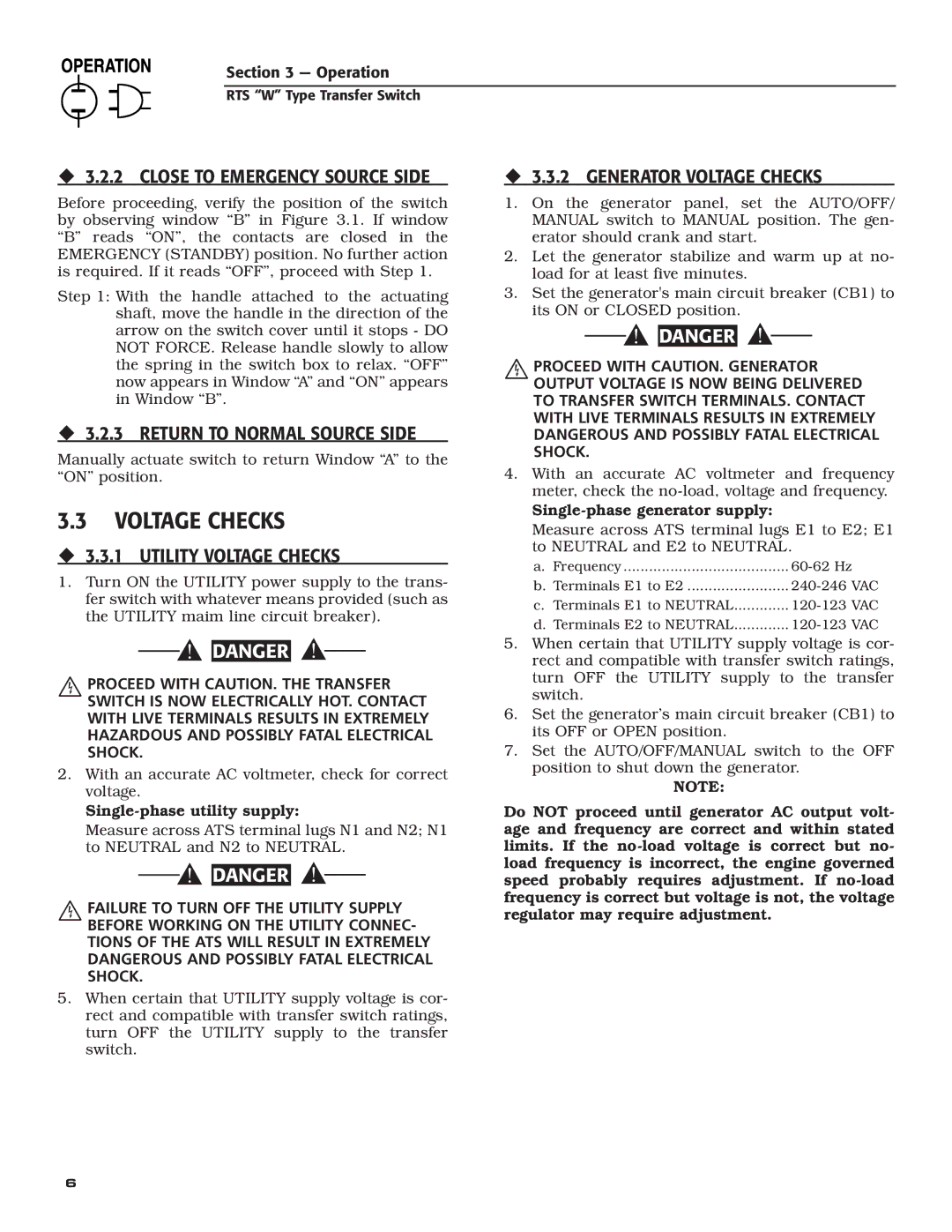 RTS KGATX0101400 technical manual Voltage Checks, ‹ 3.2.2 Close to Emergency Source Side 