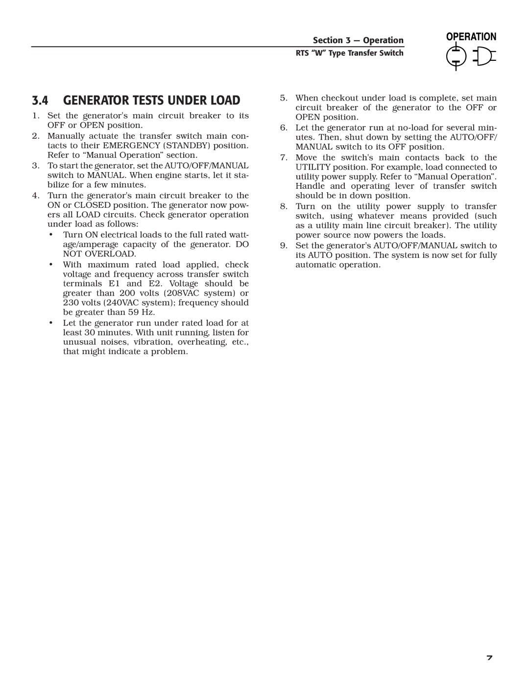 RTS KGATX0101400 technical manual Generator Tests Under Load 