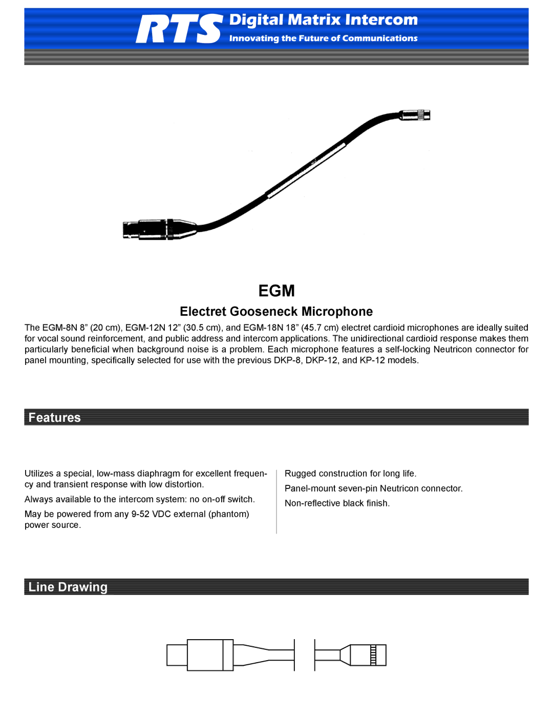 RTS DKP-12, DKP-8 manual Egm, Electret Gooseneck Microphone, Features, Line Drawing 