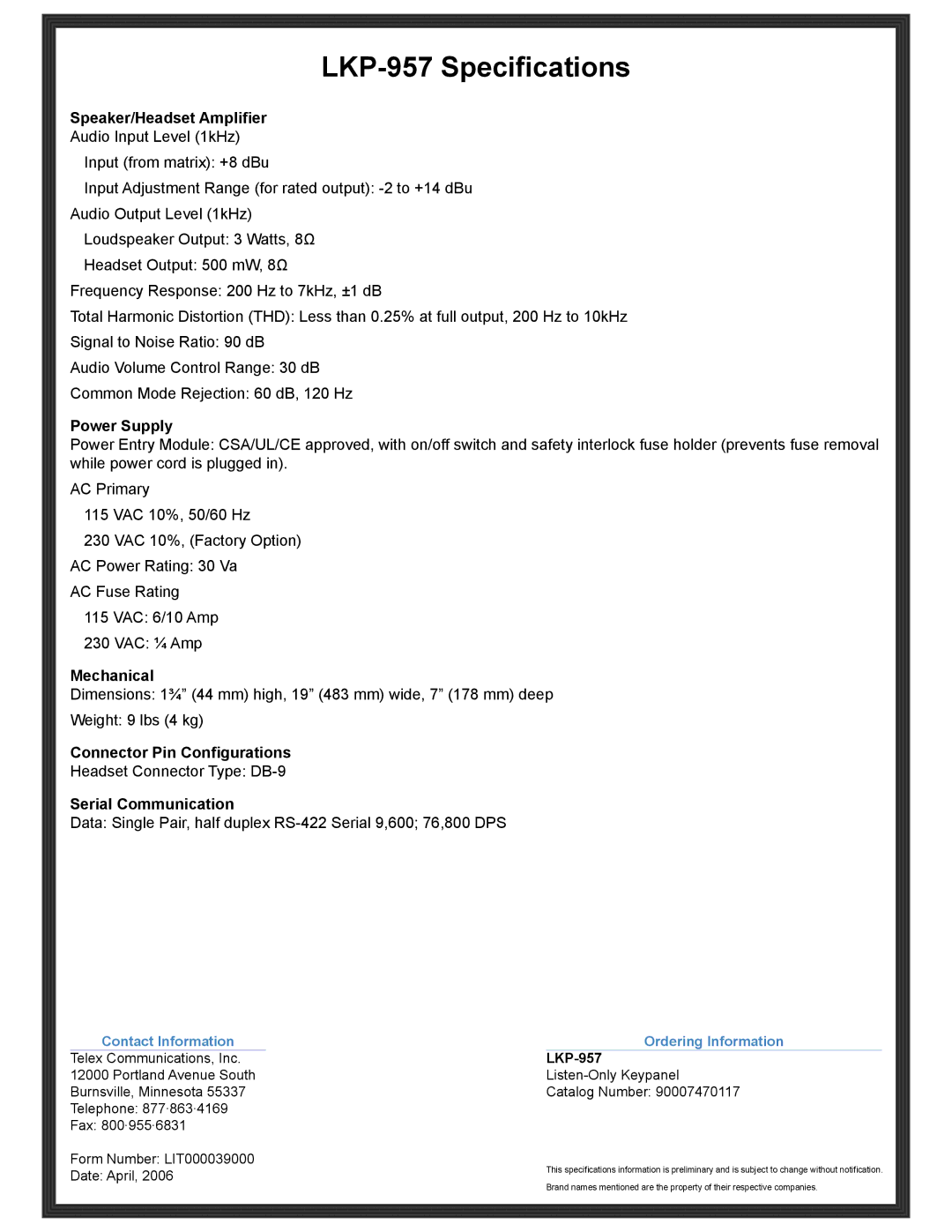 RTS manual LKP-957 Specifications 