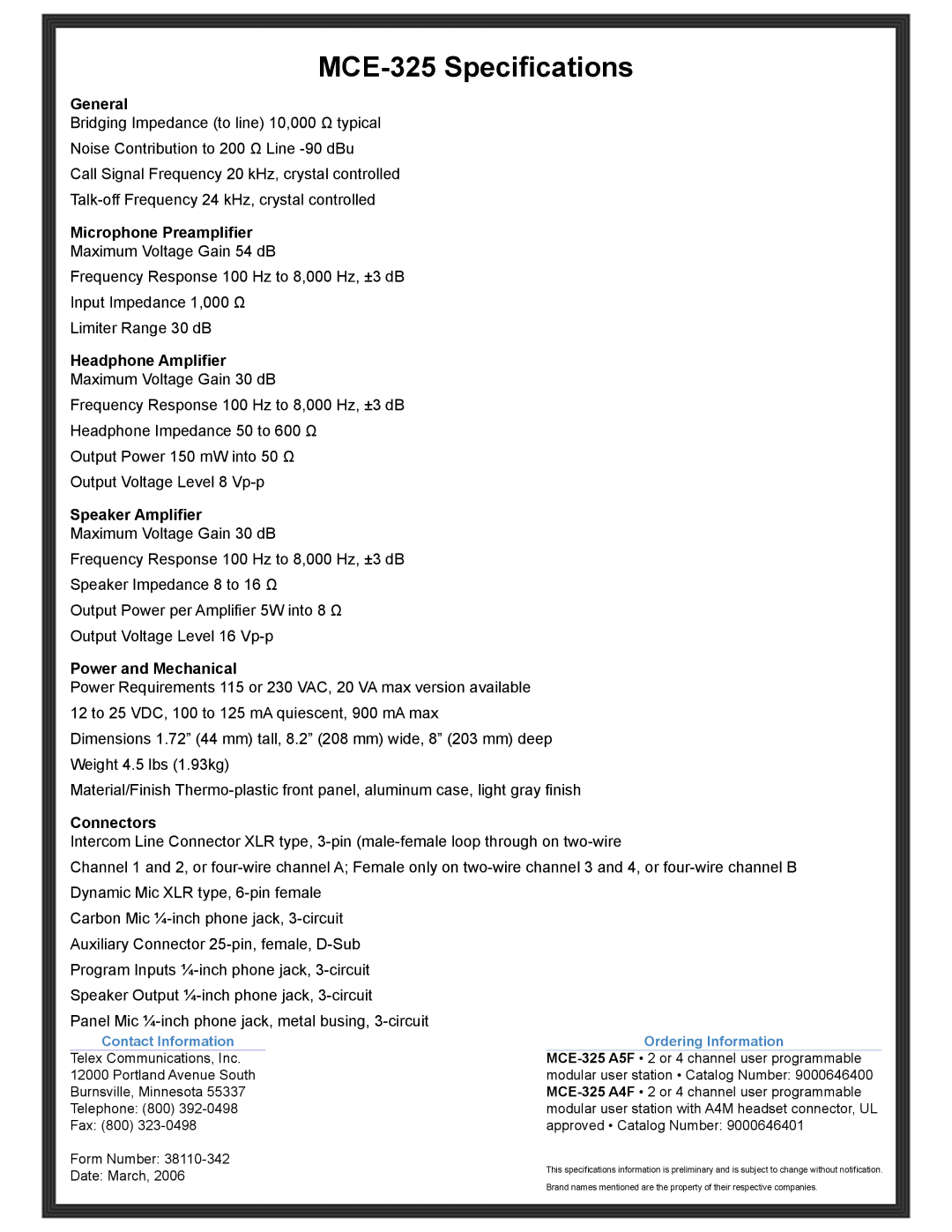 RTS manual MCE-325 Specifications 