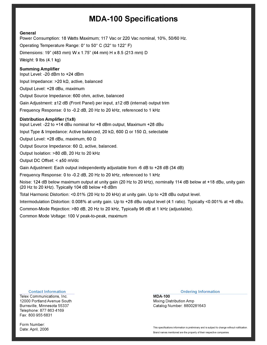 RTS manual MDA-100 Specifications, General, Summing Amplifier, Distribution Amplifier 