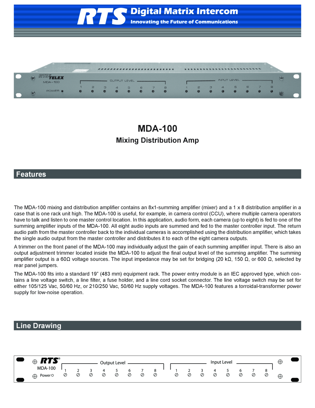 RTS MDA-100 manual Mixing Distribution Amp, Features, Line Drawing 