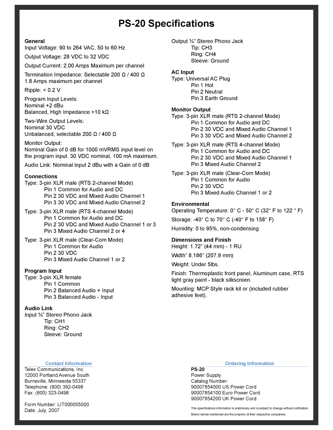 RTS manual PS-20 Specifications 