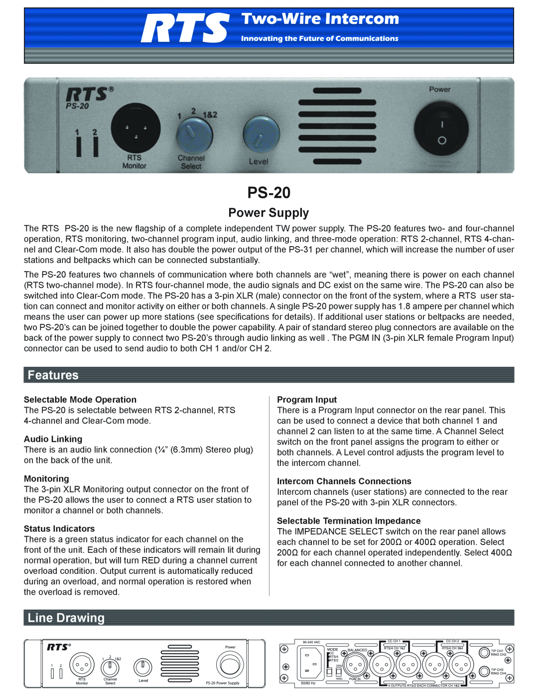 RTS PS-20 manual Selectable Mode Operation, Audio Linking, Monitoring, Status Indicators, Program Input, Power Supply 