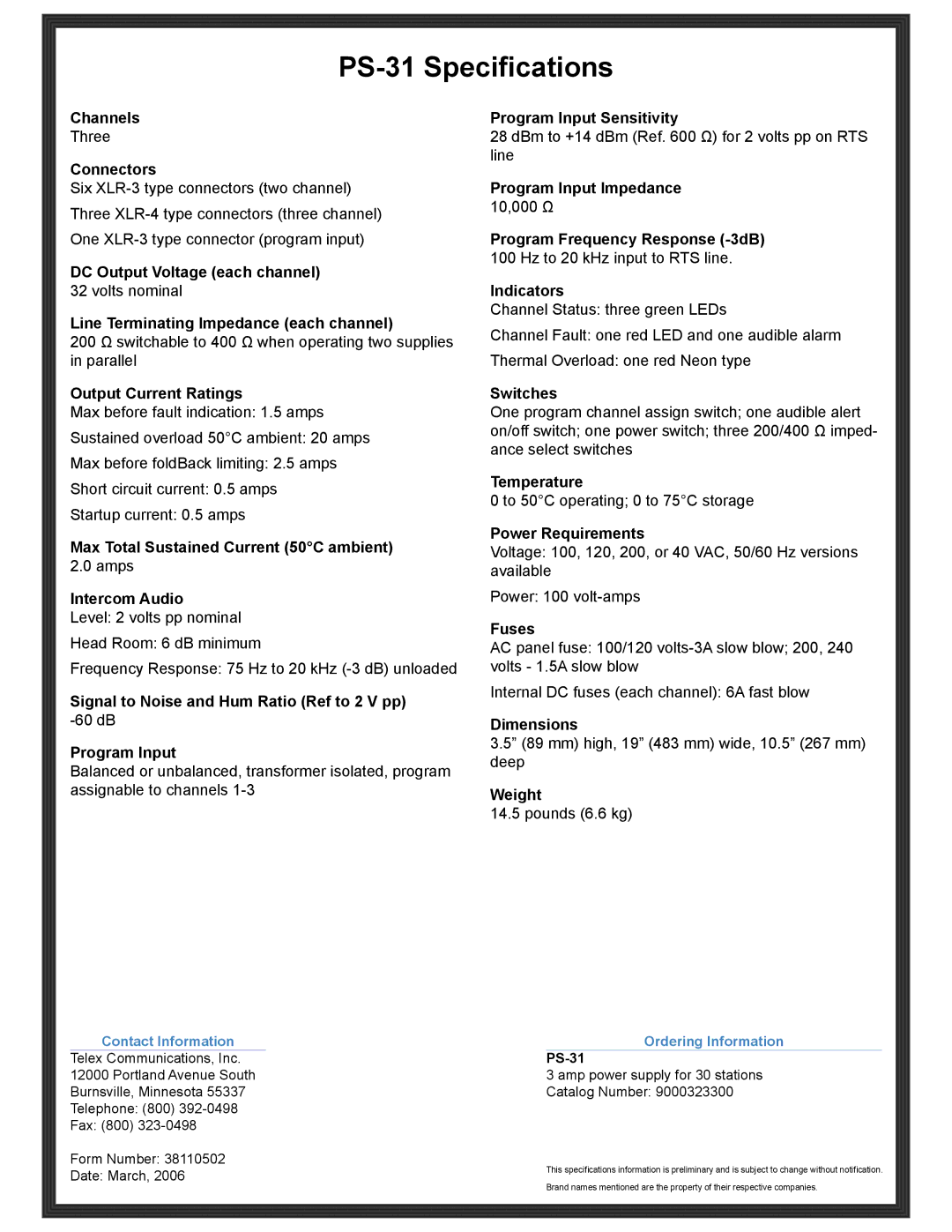 RTS manual PS-31 Specifications 