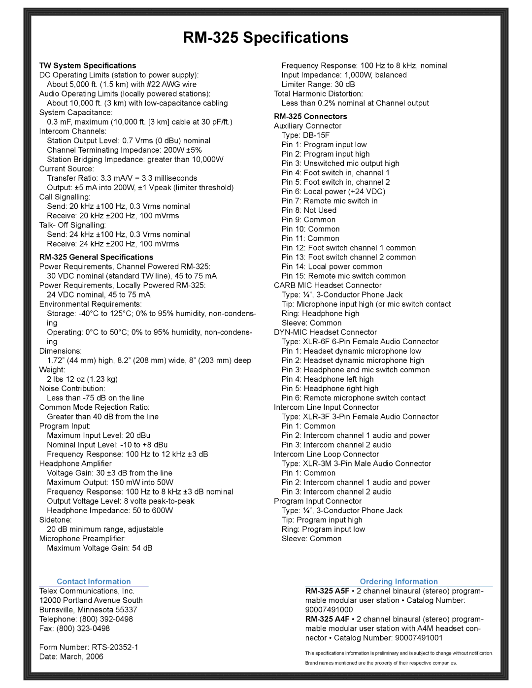 RTS manual RM-325 Specifications, Contact Information, Ordering Information 