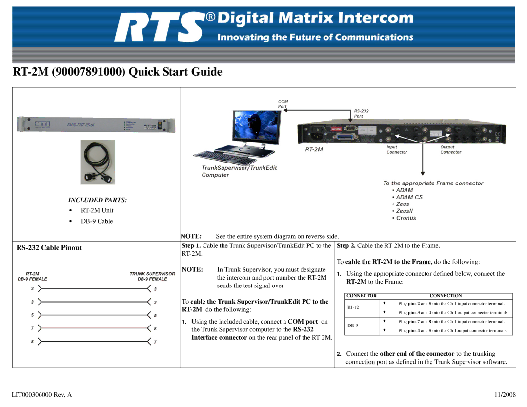 RTS quick start RT-2M 90007891000 Quick Start Guide, RS-232 Cable Pinout, To cable the Trunk Supervisor/TrunkEdit PC to 