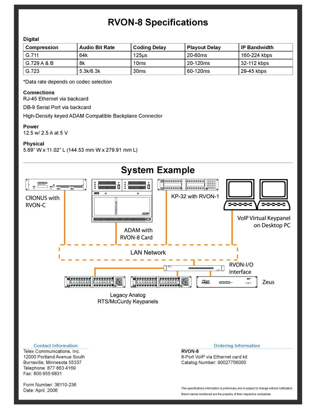 RTS manual RVON-8 Specifications, System Example, Connections, Power, Physical 