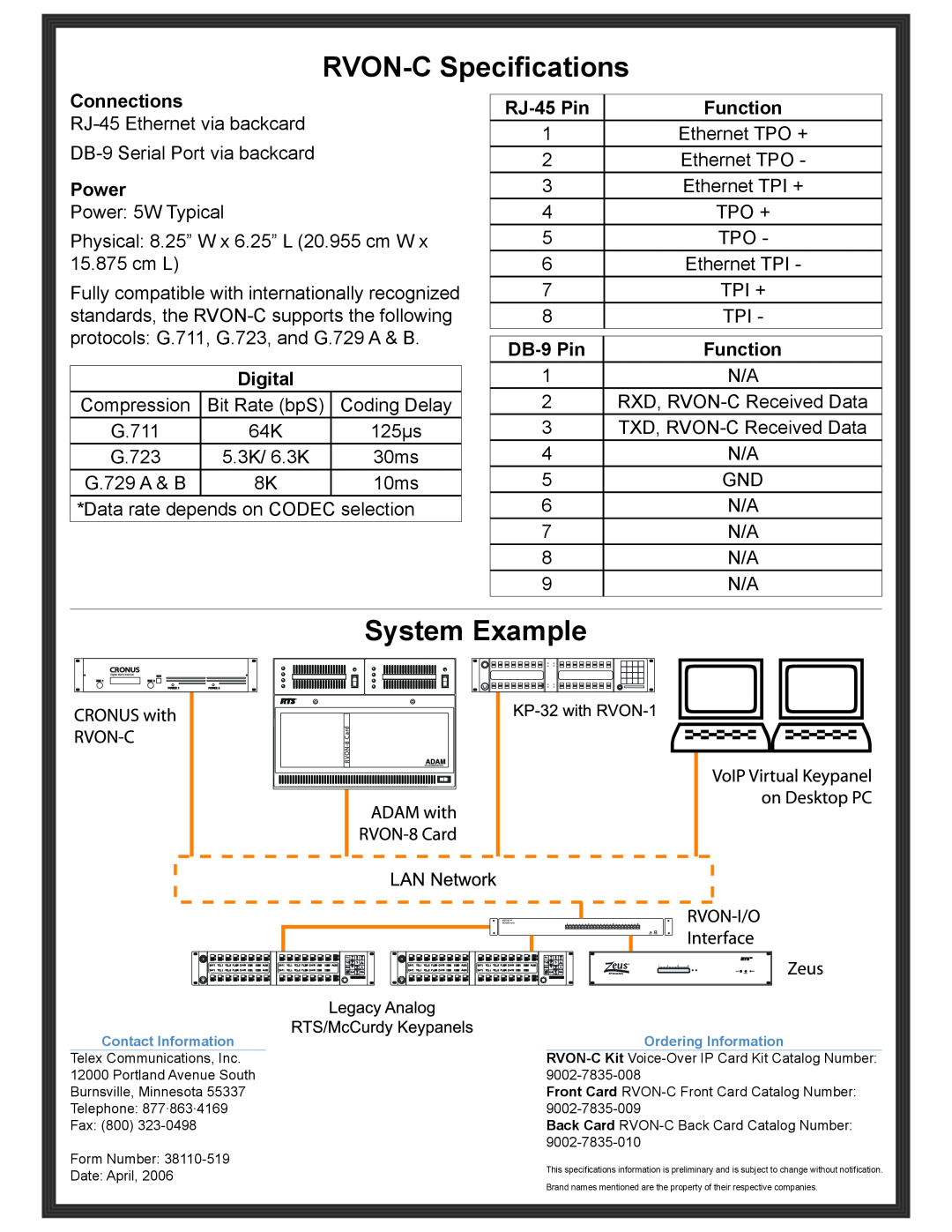 RTS manual RVON-C Specifications, System Example, Connections, Power, Digital, RJ-45 Pin, Function, DB-9 Pin 