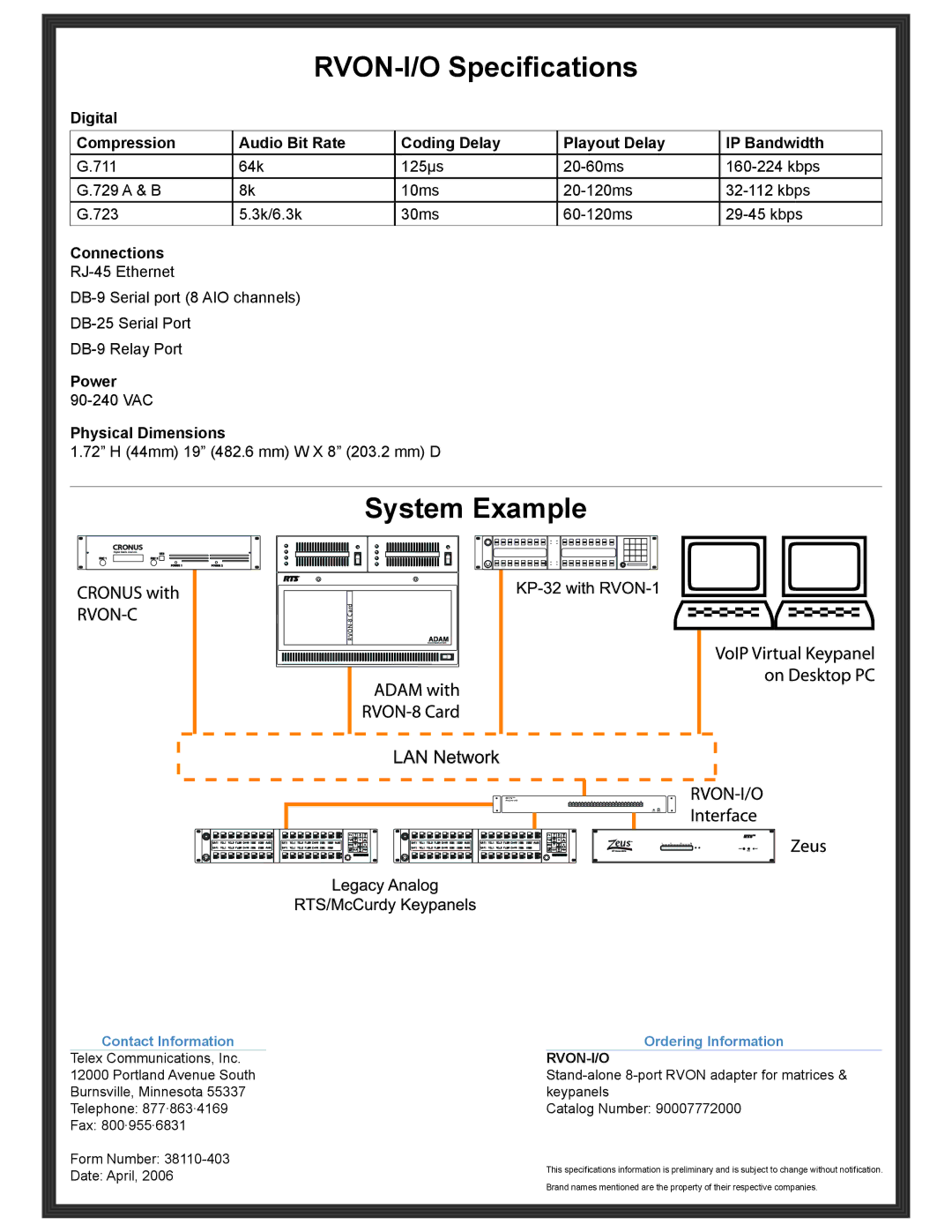 RTS manual RVON-I/O Specifications, System Example, Connections, Power, Physical Dimensions 