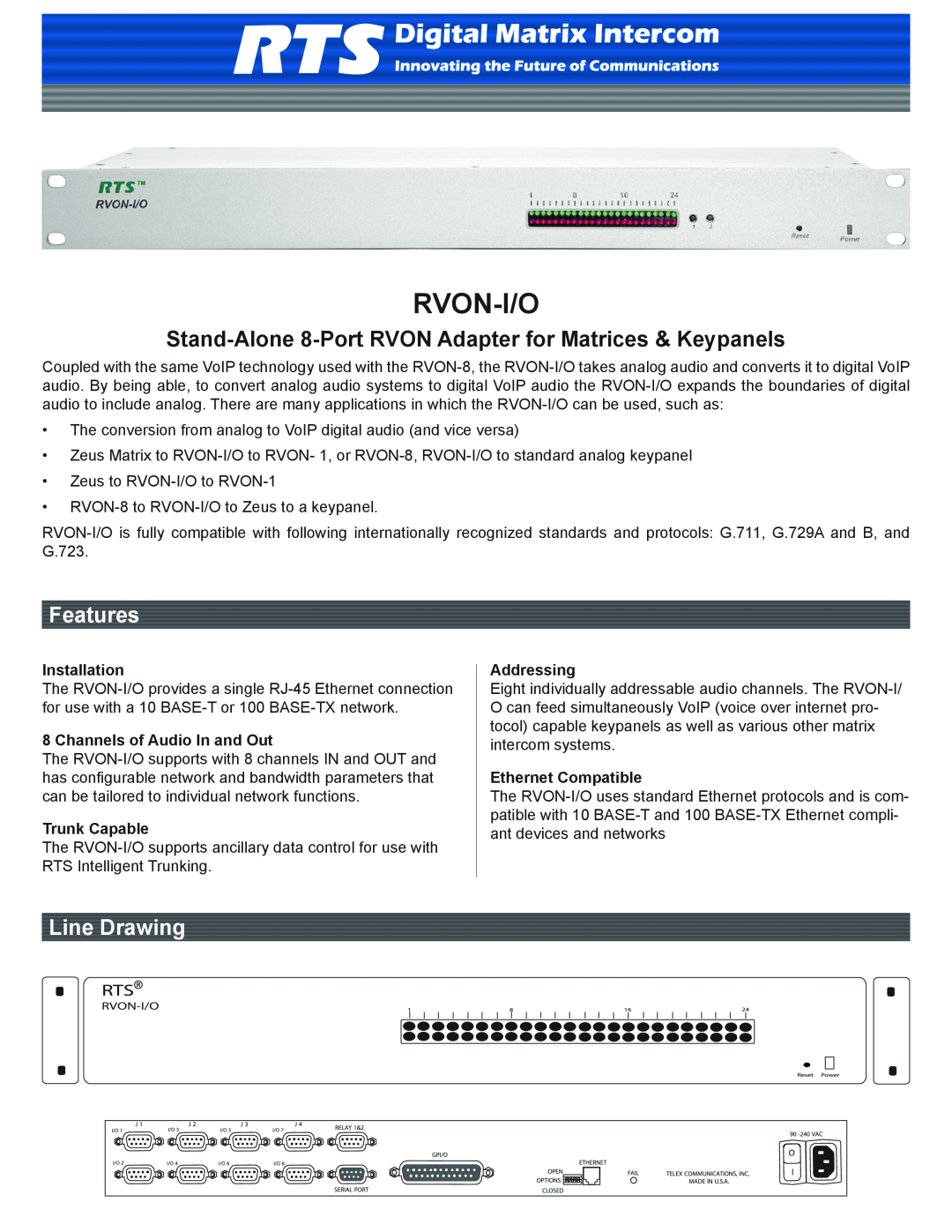 RTS RVON-I/O manual Rvon-I/O, Installation, Channels of Audio In and Out, Trunk Capable, Addressing, Ethernet Compatible 