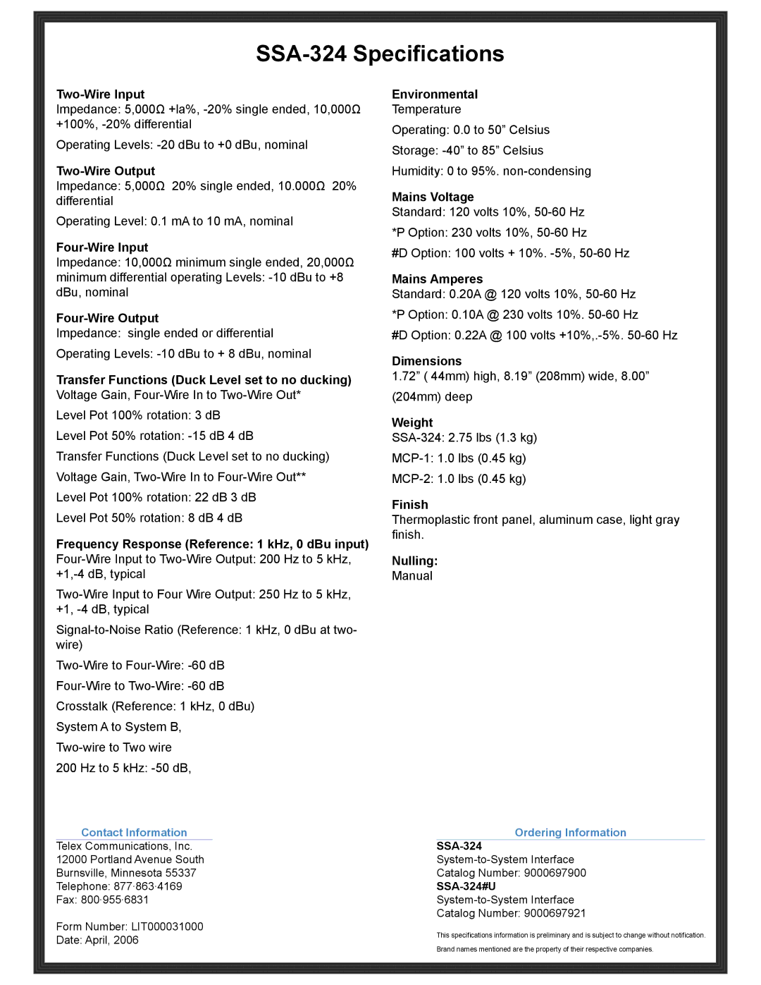 RTS manual SSA-324 Specifications 