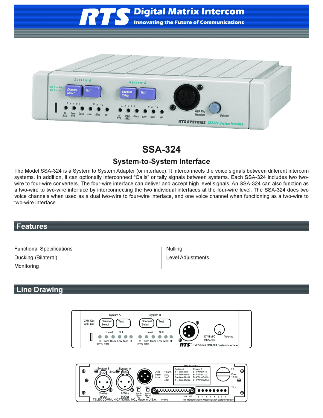 RTS SSA-324 manual System-to-System Interface, Features, Line Drawing 