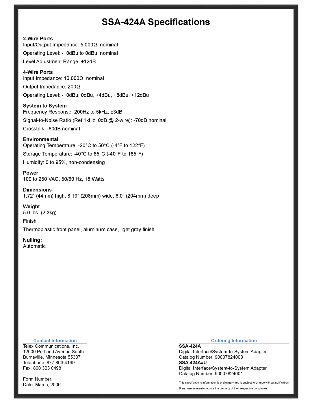 RTS manual SSA-424A Specifications 