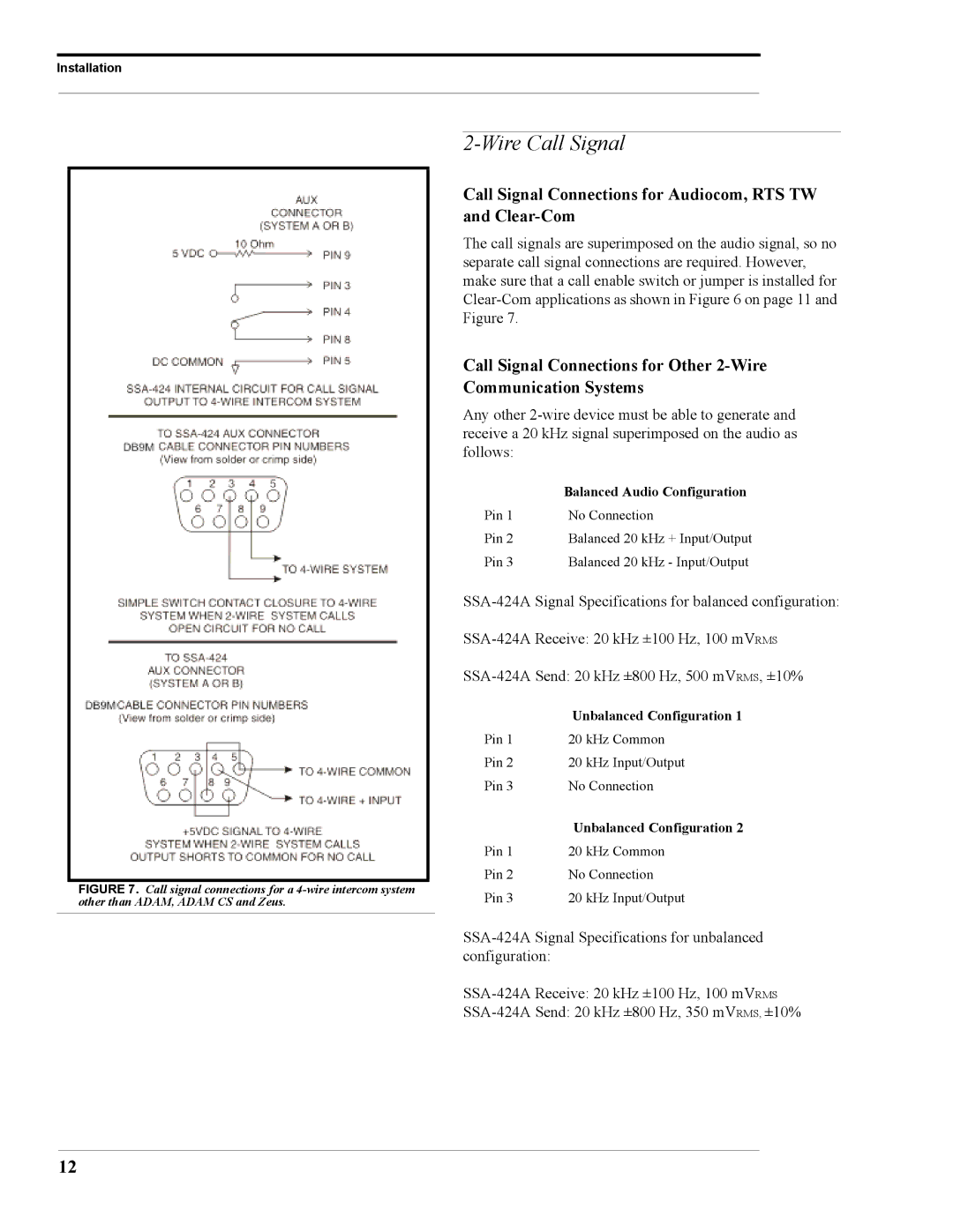 RTS SSA-424A Wire Call Signal, Call Signal Connections for Audiocom, RTS TW and Clear-Com, Balanced Audio Configuration 